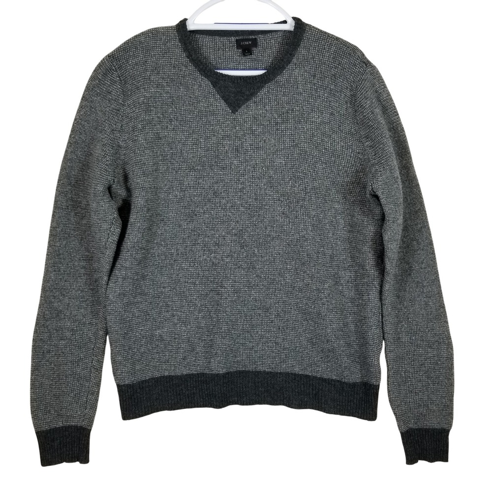 J.Crew Mens 100% Lambswool Birdseye Knit Sweater Grey Crewneck Large
